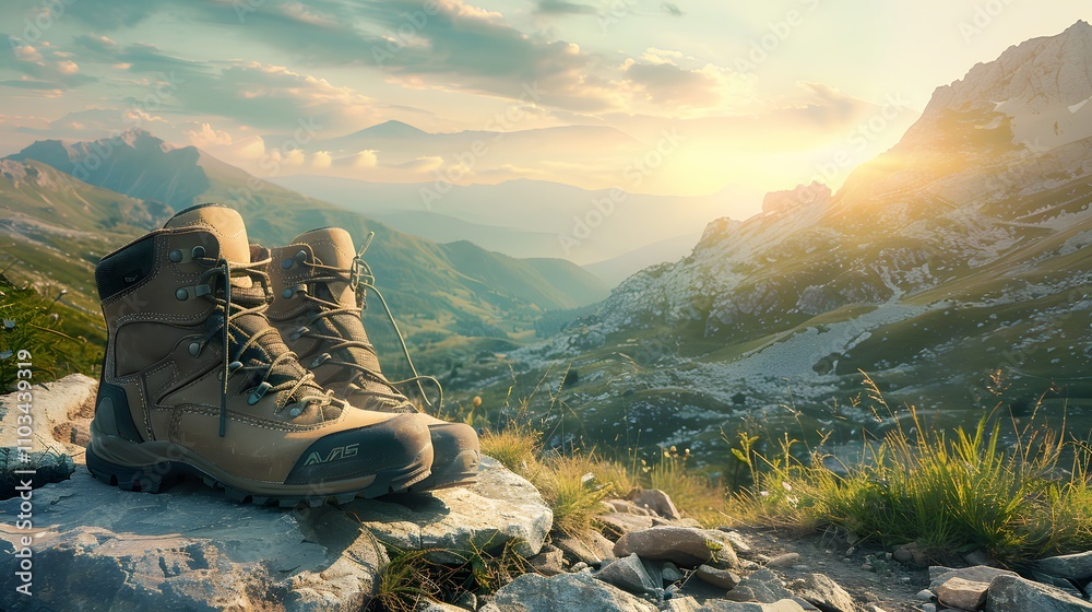 Hiking Boots Resting Atop Mountain Rocks At Sunset Hiking Boots Resting Atop Mountain Rocks At Sunset