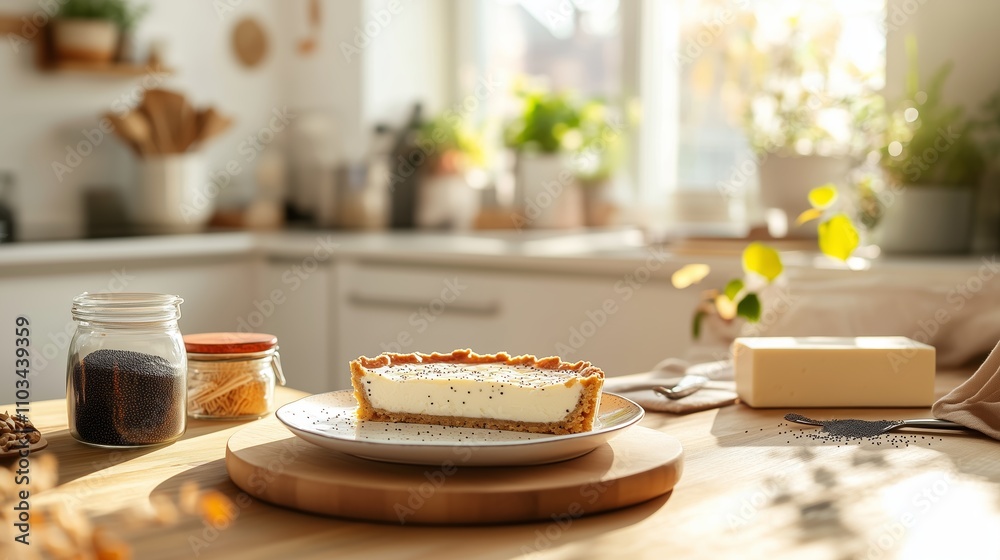 Delicious dessert on a wooden table in a bright kitchen with plants and natural light Delicious dessert on a wooden table in a bright kitchen with plants and natural light