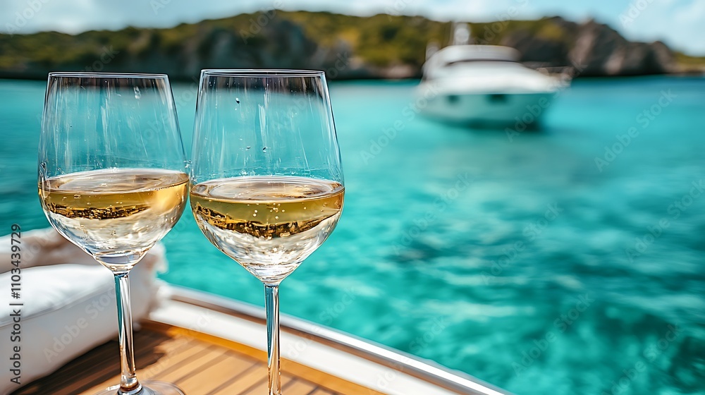 Obraz premium A romantic toast with crystal glasses of white wine, the yacht anchored near a tropical island, turquoise water in the background,