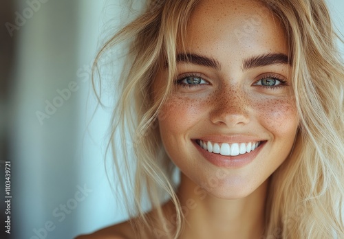 A close-up portrait of a smiling young woman with freckles and blonde hair.