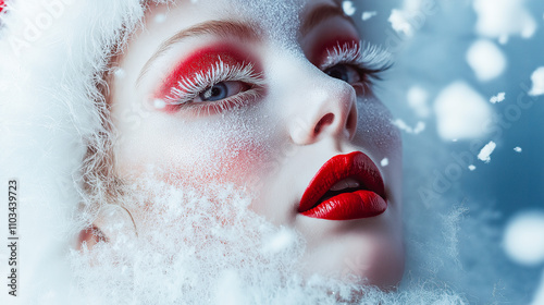 Portrait of a Beautiful Woman with High-Fashion Christmas-Themed Makeup Featuring Glitter and Bold Holiday Colors for Festive Campaigns photo