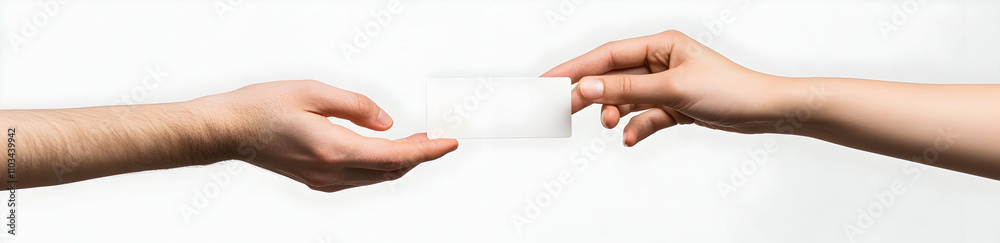 A photograph depicts two hands, one holding out an empty white card and the other hand reaching to take it from the first A photograph depicts two hands, one holding out an empty white card and the other hand reaching to take it from the first