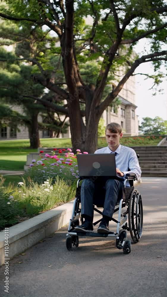 a student in wheelchair using laptop on his lap in high school campus area a student in wheelchair using laptop on his lap in high school campus area