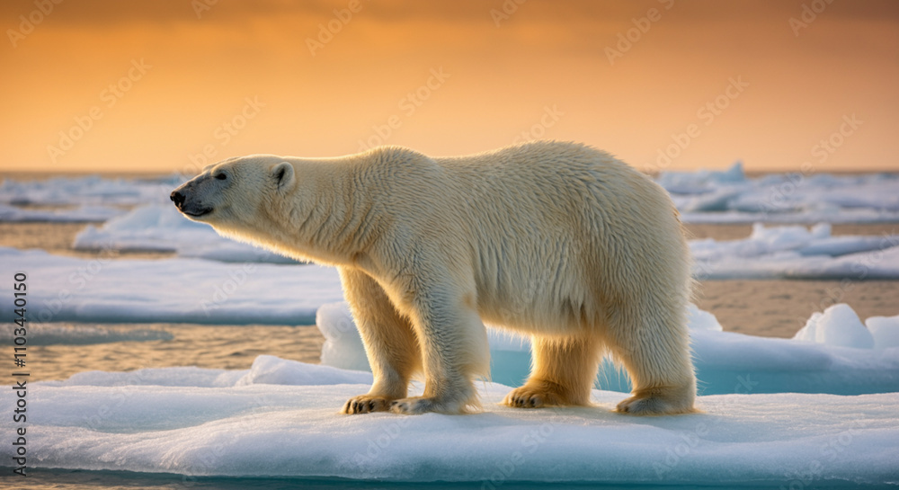 A polar bear standing on a melting iceberg under a dramatic sunset A polar bear standing on a melting iceberg under a dramatic sunset