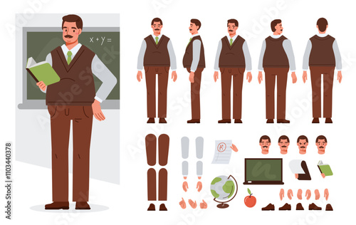 Male teacher near school board. Character constructor for animation. Front, side and back view set. Body parts, postures, poses collection. Vector illustration.