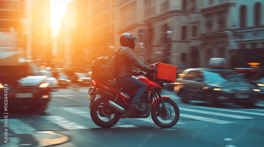Fototapeta premium A delivery driver on a motorcycle in city traffic.