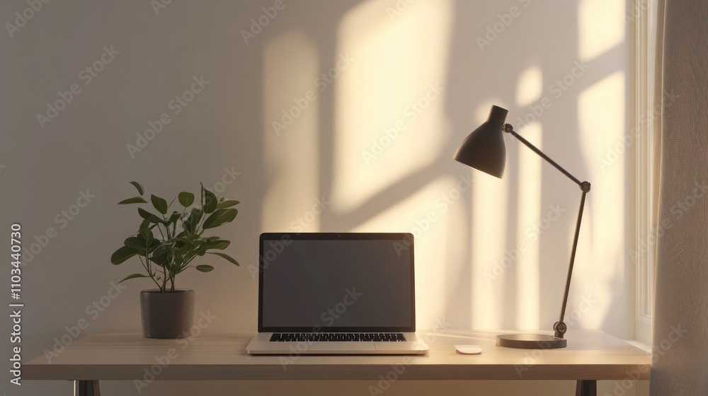 Sunlit Workspace Minimalist Desktop Illustration Laptop, Plant, Desk Lamp, Light, Shadow, Workspace Sunlit Workspace Minimalist Desktop Illustration Laptop, Plant, Desk Lamp, Light, Shadow, Workspace