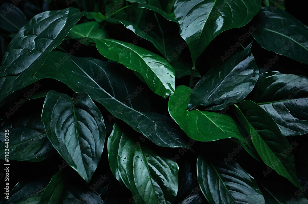 closeup of a cluster of overlapping large dark green leaves. closeup of a cluster of overlapping large dark green leaves.