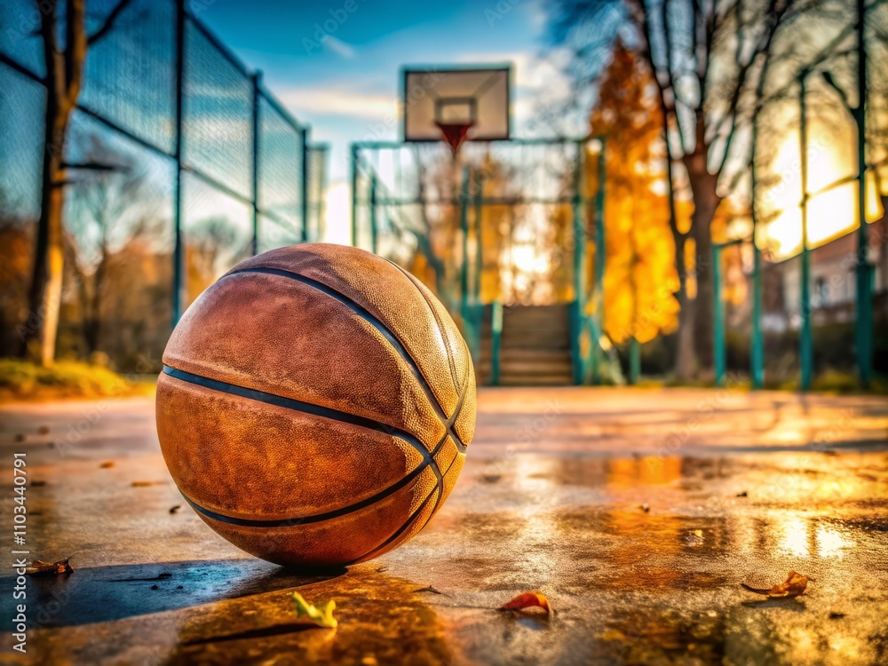 Old Deflated Basketball on an Urban Playground Surface - A Close-Up View Capturing the Texture and Color of an Abandoned Sports Equipment in a Nostalgic Setting Old Deflated Basketball on an Urban Playground Surface - A Close-Up View Capturing the Texture and Color of an Abandoned Sports Equipment in a Nostalgic Setting