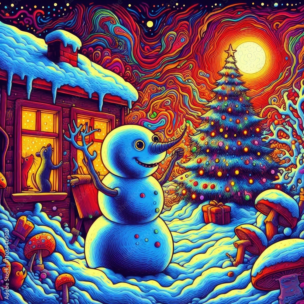 childlike illustration of a rat building a snowman in their snowy yard, with a decorated Christmas tree in style of tripping psychedelic childlike illustration of a rat building a snowman in their snowy yard, with a decorated Christmas tree in style of tripping psychedelic