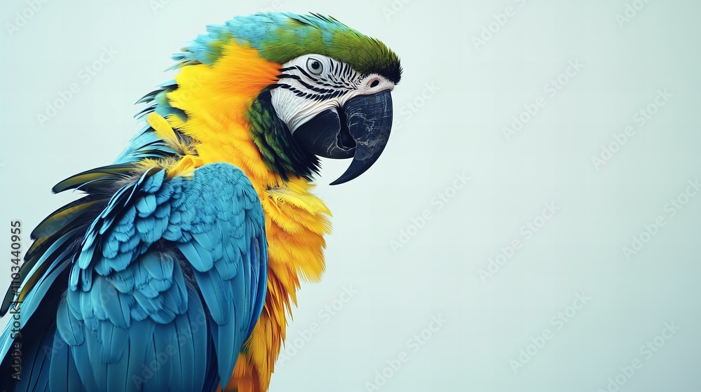 Fototapeta premium A vibrant macaw parrot perched gracefully, its brilliant blue and yellow feathers glowing under soft lighting, with every detail of its wings and beak sharp against a clean, light grey background. 