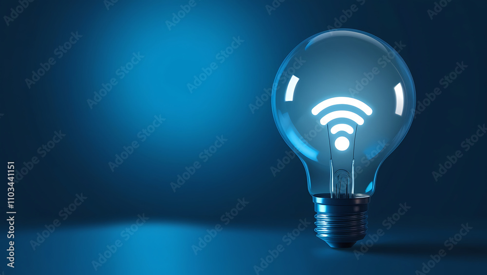 Light Bulb with Glowing Wi-Fi Symbol, Wi-Fi symbol, wireless technology, blue gradient background. Light bulb with wifi symbol is glowing on blue background Light Bulb with Glowing Wi-Fi Symbol, Wi-Fi symbol, wireless technology, blue gradient background. Light bulb with wifi symbol is glowing on blue background