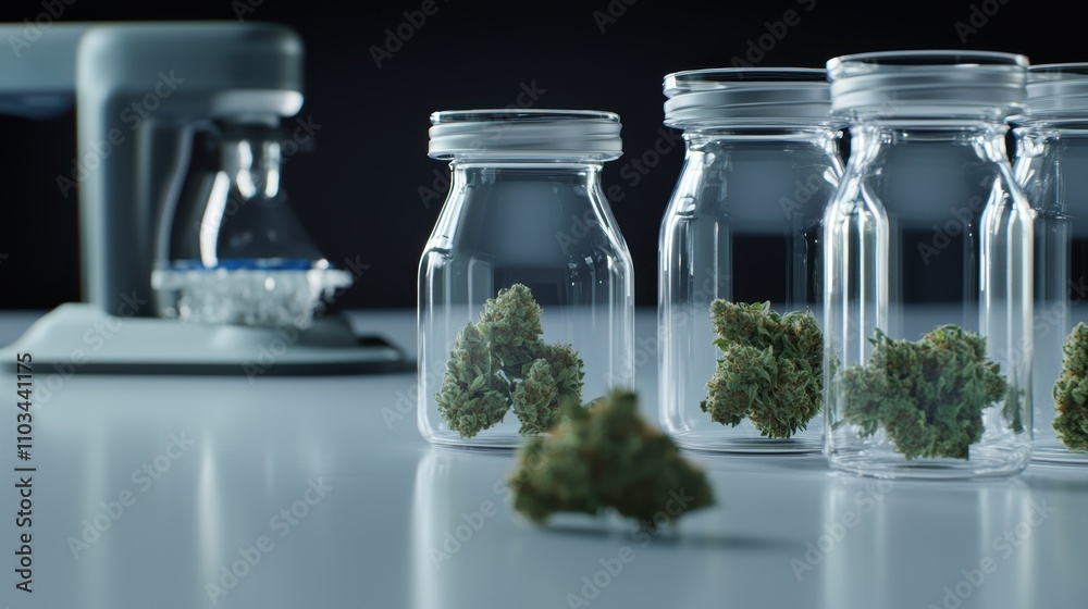 Fresh marijuana bud in focus with jars and plants softly blurred modern clean layout for cannabis industry visuals Fresh marijuana bud in focus with jars and plants softly blurred modern clean layout for cannabis industry visuals