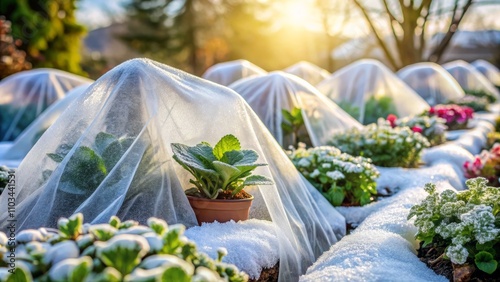 Protective Nonwoven Material Covering Plants and Flowers from Frost - Ensuring Garden Resilience in Cold Weather Conditions for Every Gardener's Peace of Mind