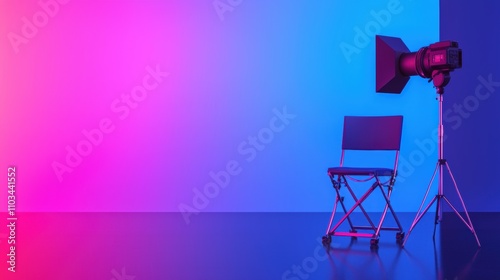 Minimal film studio setup with lighting equipment and director s chair on a glossy black surface creating a dramatic cinematic aesthetic photo