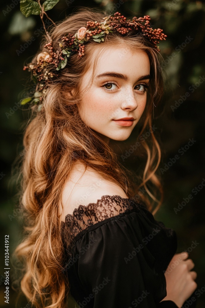 A young woman with flowing hair adorned with a floral headpiece poses gracefully in natural light, This image is perfect for themes like beauty, fashion, and nature A young woman with flowing hair adorned with a floral headpiece poses gracefully in natural light, This image is perfect for themes like beauty, fashion, and nature