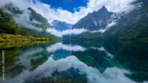 A crystal clear lake reflecting a starlit sky