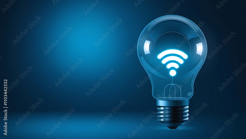 Light Bulb with Glowing Wi-Fi Symbol, Wi-Fi symbol, wireless technology, blue gradient background. Light bulb with wifi symbol is glowing on blue background Light Bulb with Glowing Wi-Fi Symbol, Wi-Fi symbol, wireless technology, blue gradient background. Light bulb with wifi symbol is glowing on blue background