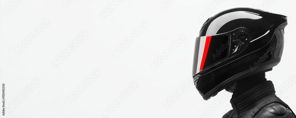 Side shot of a rider in full black gear with a glossy helmet clean white background highlighting safety and urban aesthetics Side shot of a rider in full black gear with a glossy helmet clean white background highlighting safety and urban aesthetics