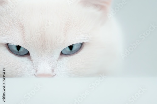 Weiße Katze mit bleuen Augen schaut böse photo