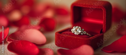 Elegant diamond engagement ring in red velvet box with rose petals