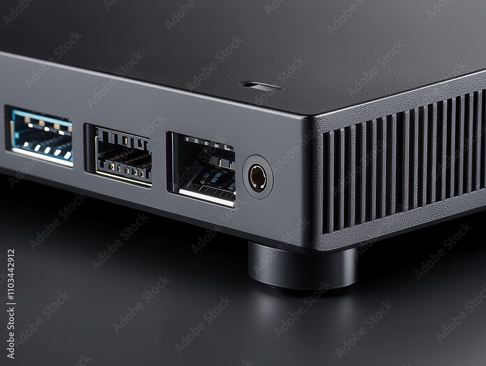 Sleek black computer port with USB, Ethernet, and audio connections, showcasing modern technology and design Sleek black computer port with USB, Ethernet, and audio connections, showcasing modern technology and design