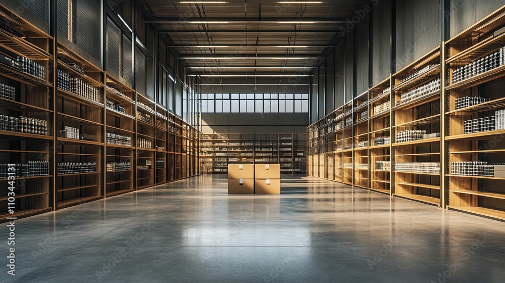 Fototapeta premium Modern Warehouse Interior With Cardboard Boxes And Shelving Units