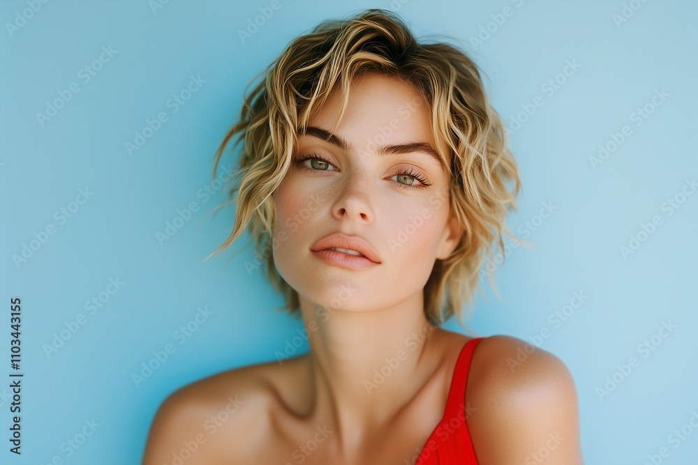 A woman with short, wavy hair poses elegantly in a sleeveless red attire, highlighting her fresh look and serene expression in front of a vibrant blue backdrop, conveying a sense of ease. A woman with short, wavy hair poses elegantly in a sleeveless red attire, highlighting her fresh look and serene expression in front of a vibrant blue backdrop, conveying a sense of ease.