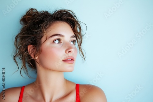 A young woman with wavy hair gazes thoughtfully to the side, her expression serene against a soft blue wall. The scene conveys a sense of calm and contemplation in a well-lit indoor space.