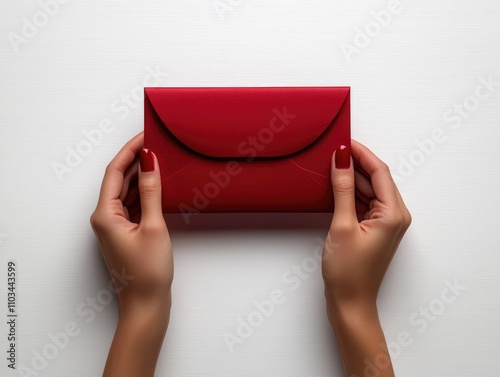 Vibrant Red Envelope Held in Hands Against White Background.