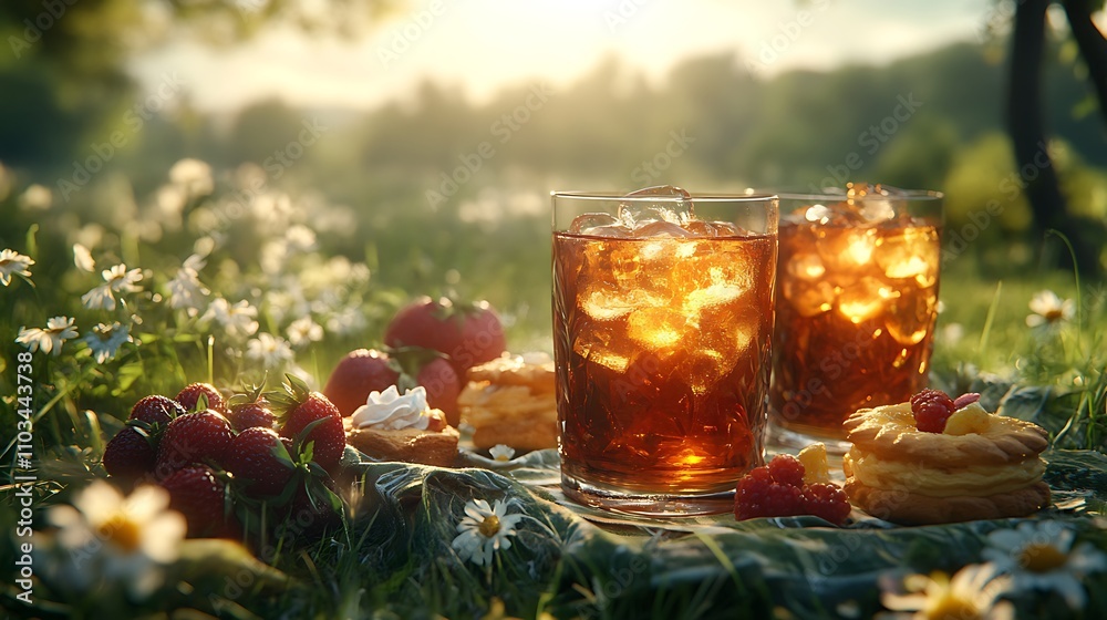 Clinking glasses of iced tea in a tranquil meadow, a beautifully arranged picnic with pastries and fruit in the foreground, Clinking glasses of iced tea in a tranquil meadow, a beautifully arranged picnic with pastries and fruit in the foreground,