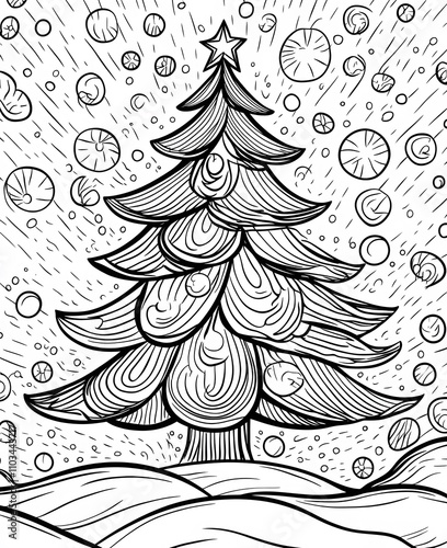An outlined black and white color book page with a Christmas tree as line art