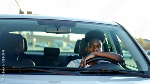 young afro black male sitting in his car with his elbow on the steering wheel looking at camera  photo