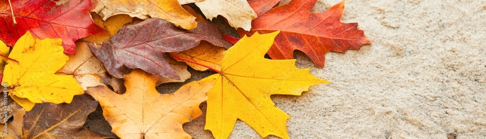 A close-up view of vibrant autumn leaves in various colors scattered on a sandy surface, ideal for use in seasonal marketing, nature-themed projects, or educational materials on biodiversity, A close-up view of vibrant autumn leaves in various colors scattered on a sandy surface, ideal for use in seasonal marketing, nature-themed projects, or educational materials on biodiversity,
