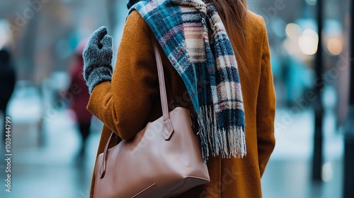 A fashion-forward woman wearing a warm winter coat, carrying a stylish winter tote bag, and accessorized with a scarf and gloves  photo