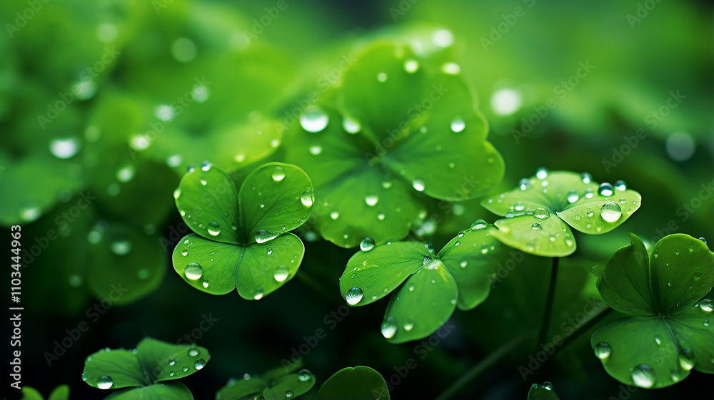 morning in the forest, fresh shoots shamrock in dew drops, forest sour green background nature morning in the forest, fresh shoots shamrock in dew drops, forest sour green background nature