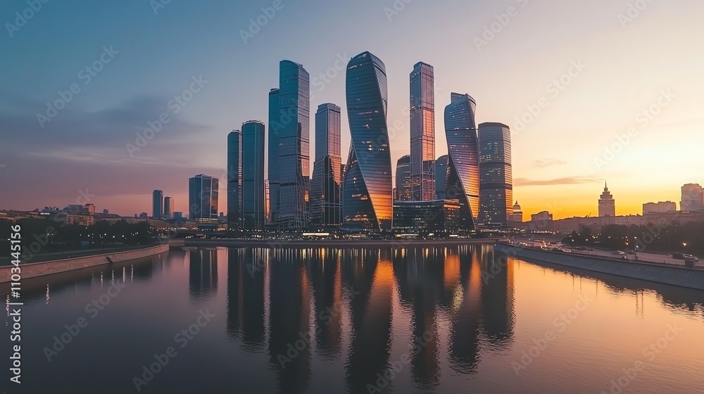 Fototapeta premium Moscow skyline with skyscrapers at sunset.