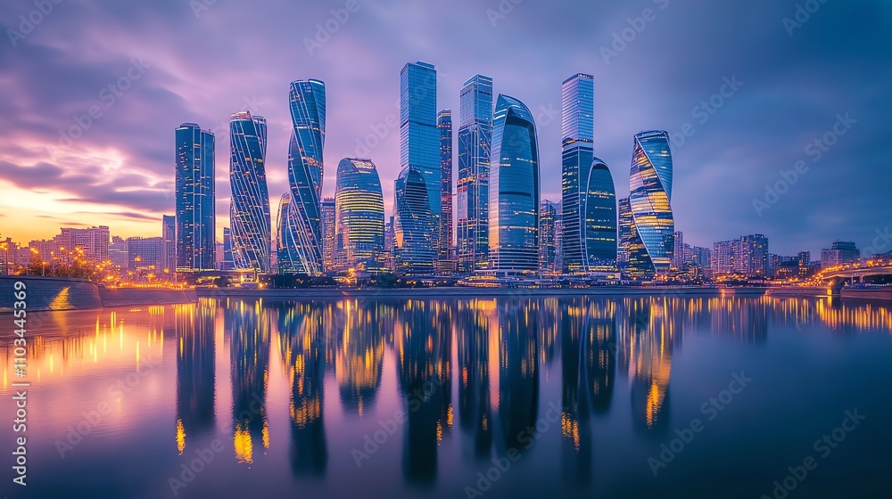 Naklejka premium Moscow skyline with skyscrapers at sunset.