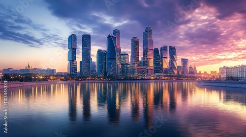 Moscow skyline at dusk with a beautiful sunset.