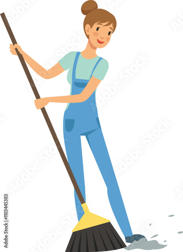 A woman is sweeping the floor with a broom