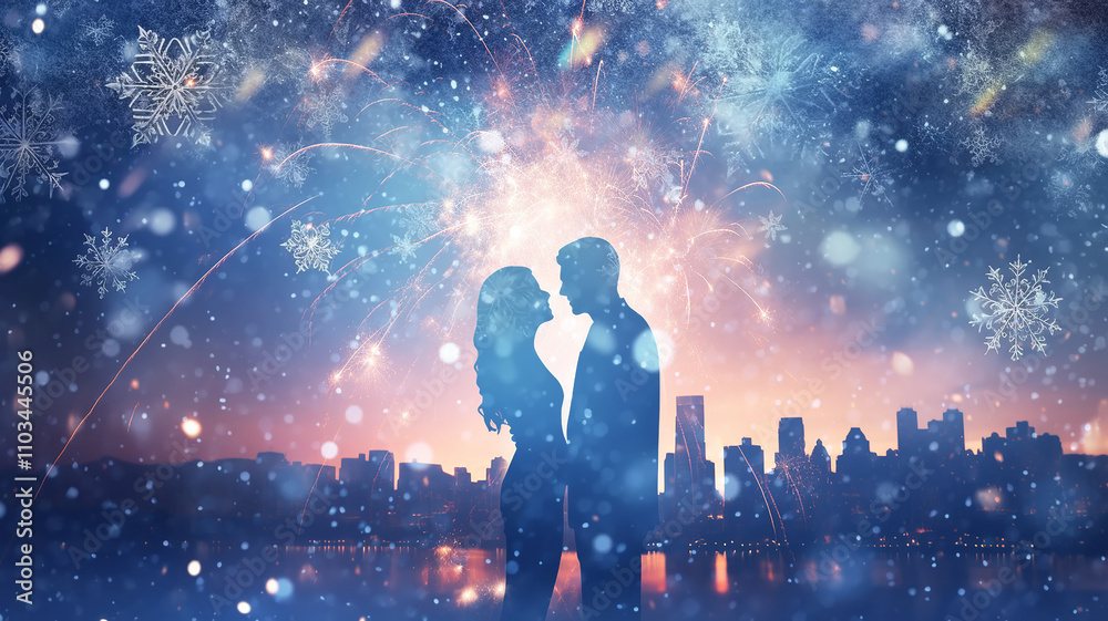 Naklejka premium silhouette of a couple in love on the background of Christmas fireworks, abstract blurred background snowflakes winter holiday, newlyweds copy space blank