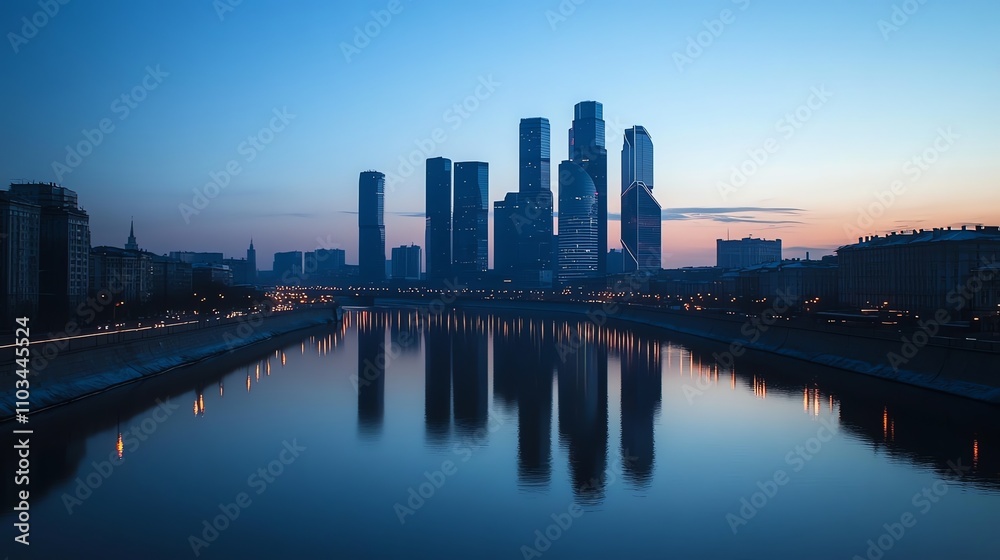 Obraz premium Moscow skyline at dusk with a beautiful sunset.