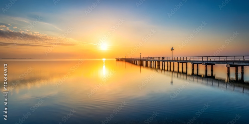 Naklejka premium Serene Minimalist Sunrise Over a Fishing Pier with Gentle Waves and Soft Light Reflections, Capturing the Essence of Tranquility and Nature's Beauty