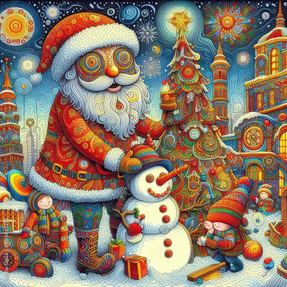 childlike illustration of a santa building a snowman in their snowy yard, with a decorated Christmas tree in style of tripping psychedelic childlike illustration of a santa building a snowman in their snowy yard, with a decorated Christmas tree in style of tripping psychedelic