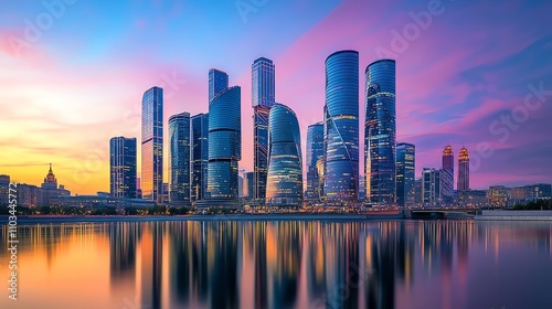 Moscow skyline with skyscrapers at sunset.