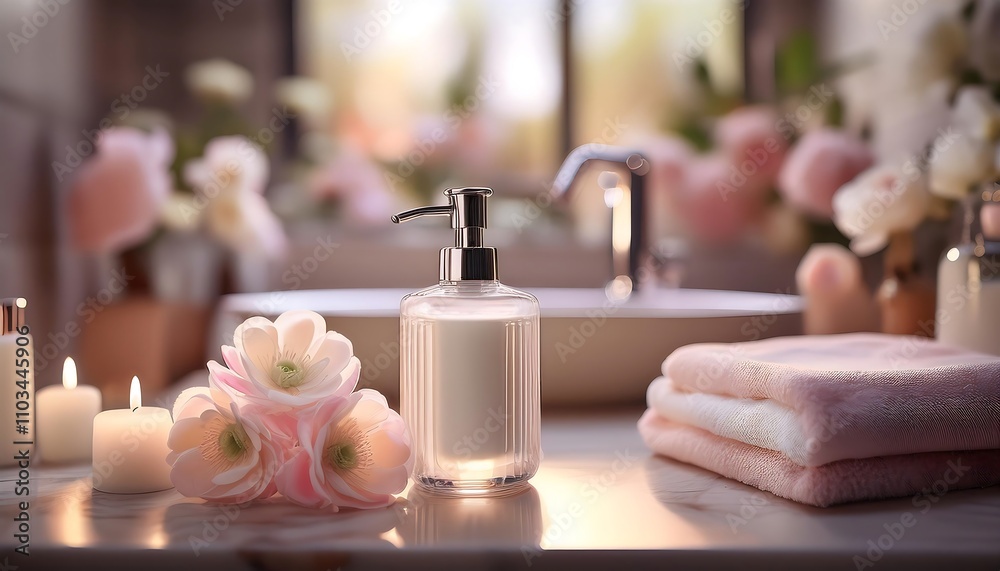 A soap dispenser with flowers in a bathroom, sink and candles in the background. A soap dispenser with flowers in a bathroom, sink and candles in the background.