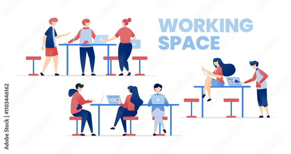 vector illustration of Creating Safe and Comfortable Working Spaces. People Discussing, Collaborating, and Developing a Productive Workspace to Foster Career Development and Company Growth vector illustration of Creating Safe and Comfortable Working Spaces. People Discussing, Collaborating, and Developing a Productive Workspace to Foster Career Development and Company Growth