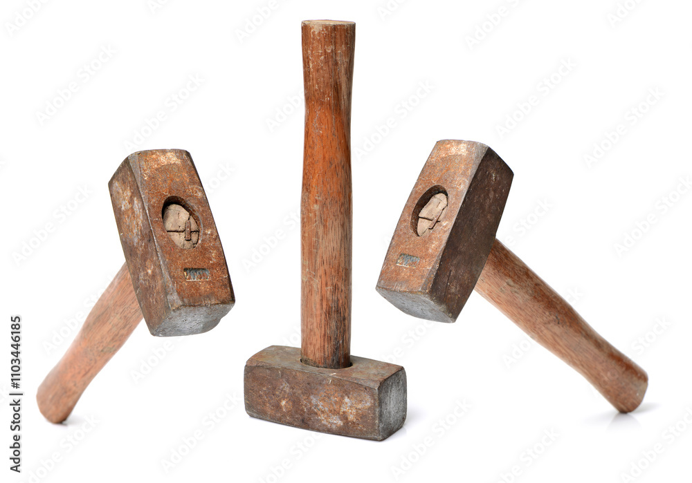old sledge hammer with wooden handle on a white background old sledge hammer with wooden handle on a white background