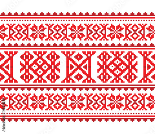 Christmas and winter vector seamless long horizontal pattern with snowflakes - Lapland red and white folk art design, Sami people traditional embroidery Non Ai generated
