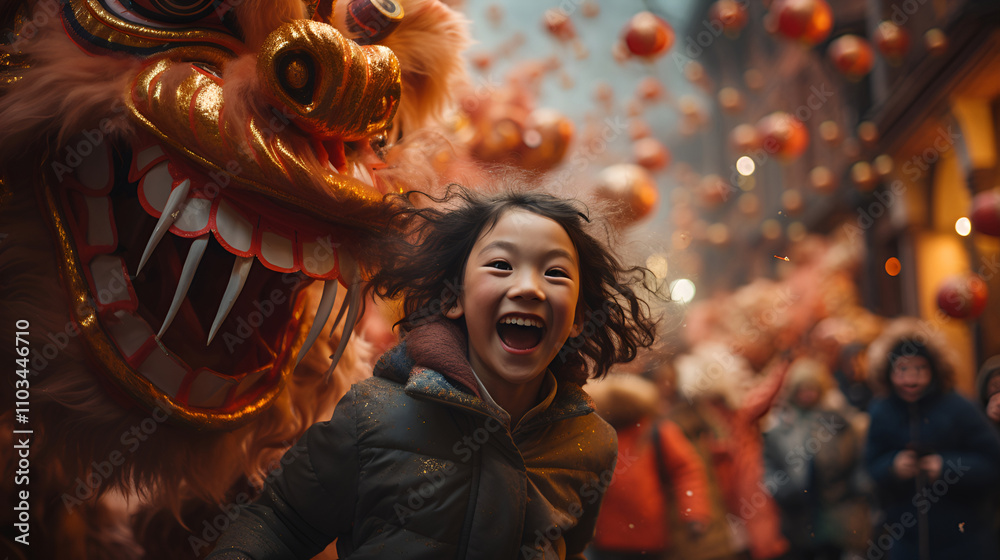 Joyful Child Celebrating Chinese New Year with a Vibrant Lion Dance Joyful Child Celebrating Chinese New Year with a Vibrant Lion Dance